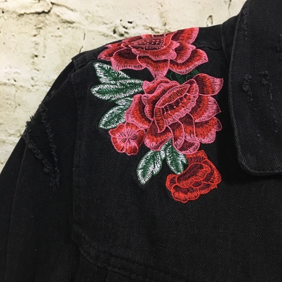 Ci Sono Black Jean Denim Rose Distressed Jacket - Picture 2 of 5